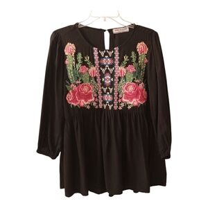 NWT Black Embroidered Tunic Blouse Southwestern Skull Size Small Long Sleeve